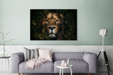 Leinwandbilder - 120x80 cm - Dschungel - Löwe - Tiere - Blätter (Gr. 120x80 cm)
