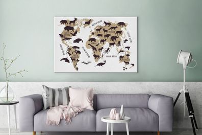 Leinwandbilder - 120x80 cm - Weltkarte - Braun - Tiere (Gr. 120x80 cm)