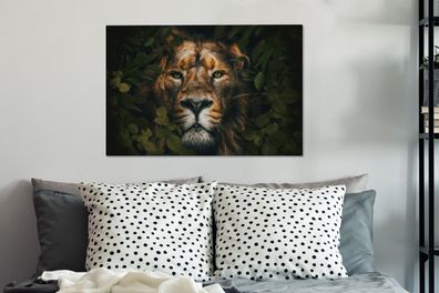 Leinwandbilder - 90x60 cm - Dschungel - Löwe - Tiere - Blätter (Gr. 90x60 cm)