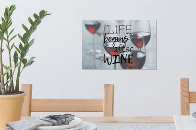 Leinwandbilder - 30x20 cm - Wein-Zitat "Das Leben beginnt nach dem Wein" mit Weingläs