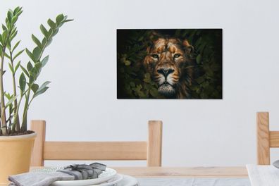 Leinwandbilder - 30x20 cm - Dschungel - Löwe - Tiere - Blätter (Gr. 30x20 cm)