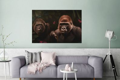 Glasbilder - 120x80 cm - Gorilla - Dschungel - Pflanzen - Schmetterling