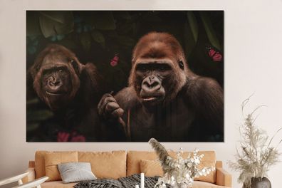 Glasbilder - 150x100 cm - Gorilla - Dschungel - Pflanzen - Schmetterling