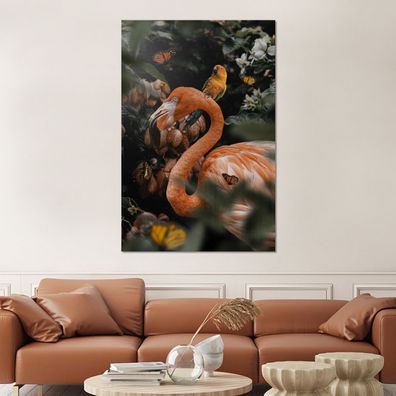 Glasbilder - 100x150 cm - Flamingo - Papagei - Dschungel - Schmetterling