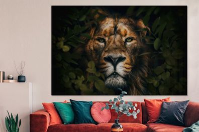 Glasbilder - 150x100 cm - Dschungel - Löwe - Tiere - Blätter (Gr. 150x100 cm)