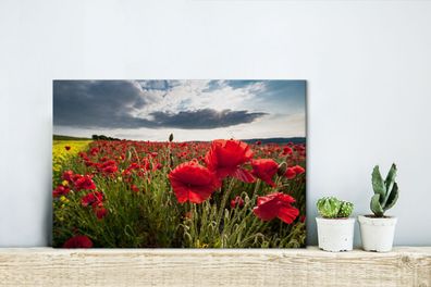 Leinwandbilder - 30x20 cm - Mohnblumen gegen einen dramatischen stürmischen Himmel