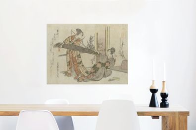 Glasbilder - 80x60 cm - Zwei Frauen mit einer Koto - Gemälde von Katsushika Hokusai