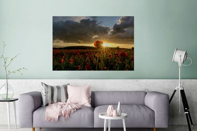 Glasbilder - 120x80 cm - Sonnenstrahlen des Sonnenuntergangs leuchten auf den Mohnblu