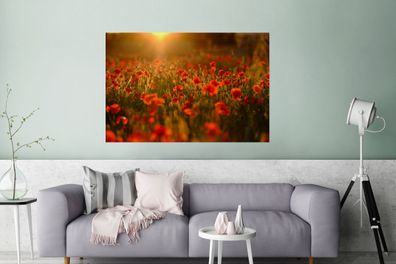 Glasbilder - 120x80 cm - Orangefarbenes Leuchten über den Mohnblumen auf dem Feld
