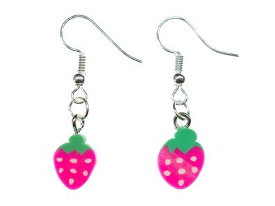 Erdbeer Ohrringe Miniblings Hänger Frucht Obst Beere Erdbeeren Scheibe pink grün