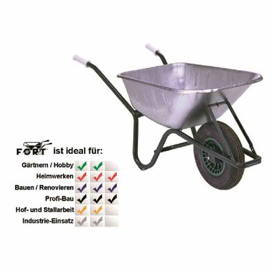 Bauschubkarre 90 Liter, verzinkte Tiefmulde, komplett mit Kipp-/ Wannenstützbügel