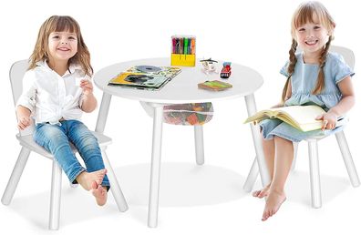 Kindertisch Set, 3-tlg. Kindersitzgruppe aus Holz, Kindersitzgarnitur Kindermöbel-Set