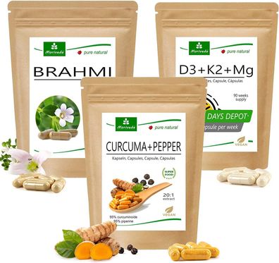 MoriVeda® "Brain Power" Paket: Brahmi, Curcuma + Pepper, Vitamin D3 + K2 + Mg Kapseln