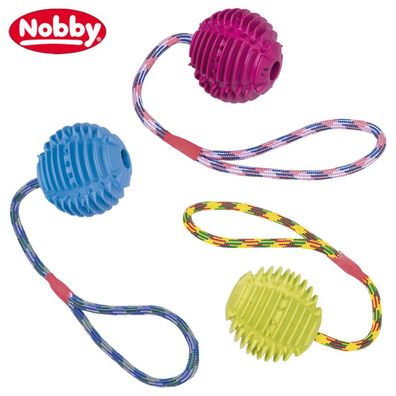 Nobby Vollgummi Ball mit Seil - Hundespiel Wurfseil Apportierspiel Noppenball