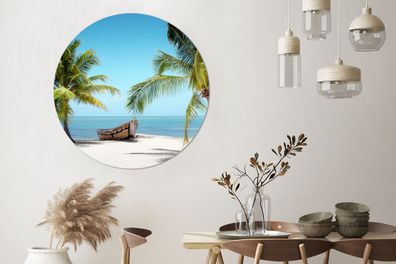 Wandbild Rund Wanddeko Deko Wohnzimmer Bilder 140x140 cm Palmboom - Boot - Strand