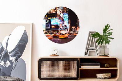 Wandbild Rund Wanddeko Deko Wohnzimmer Bilder 60x60 cm New York - Straat - Auto