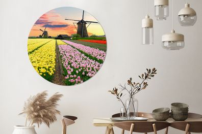 Wandbild Rund Wanddeko Deko Wohnzimmer Bilder 120x120 cm Tulpen - Windmolen - Natuur