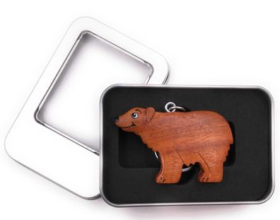 Schlüsselanhänger Holz Bär Eisbär Braunbär Tier Raubtier in Geschenkbox