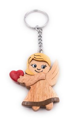 Handmade Holz Schlüsselanhänger Engel Himmelsbote mit Herz Liebe