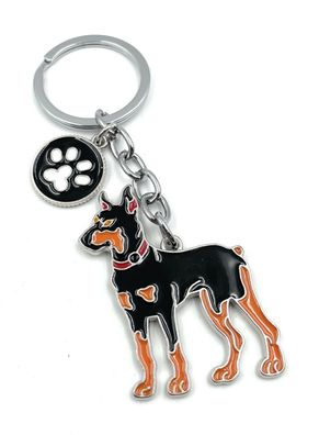 Dobermann Hund Schlüsselanhänger aus Metall Glücksbringer silber