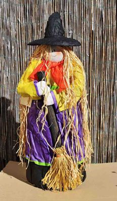 Halloween Hexe mit Besen gelb/ lila, HxBxT: 83x30x25cm, Naturmaterial/ Stoff