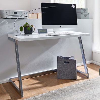 Wohnling Schreibtisch Hochglanz Weiß 120 cm Computertisch Tisch Büro Metall