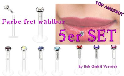5 Stück Lippenpiercing Bioflex Labret in 6/8/ oder 10mm Farbe Stein frei wählbar