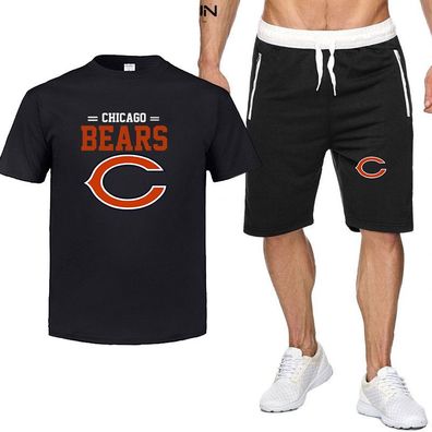 Sommer Herren Sportanzug Chicago Bears Fußball T-shirt Hose 2er Set