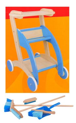 Blizzi Holz Kinder Spielzeug Putzwagen mit Besen Handfeger Ziehwagen Trolley