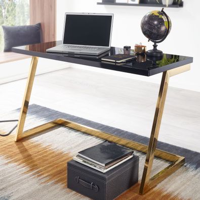 Wohnling Schreibtisch Hochglanz Schwarz 120 cm Computertisch Tisch Büro Metall