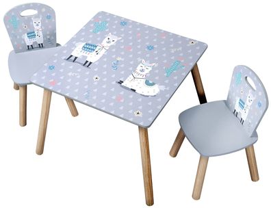 Kindertisch + 2 Stühle, grau mit Lamas, KESPER