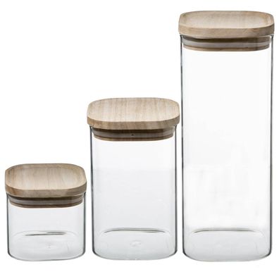 Lebensmittelbehälter aus Glas, mit Holzdeckeln