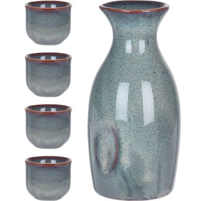 Sake-Set: Karaffe 250 ml und 4 Becher 50 ml, Keramik, Wabi-Sabi-Stil