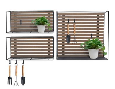 Wandregal 3er Set mit 9 Haken - 40 / 37 cm - Hänge Küchen Regal aus Holz und Metall