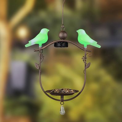 LED Solar Vogelfutterhaus Futterstation zum Aufhängen 2 Vögel Farbwechsel Metall