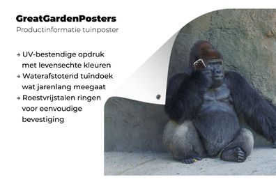 Gartenposter - 90x60 cm - Ein riesiger Gorilla lehnt an einer Steinmauer