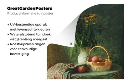 Gartenposter - 200x200 cm - Stilleben - Blumen - Apfel - Korb - Tisch - Malerei