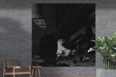 Gartenposter - 200x200 cm - Eine Henne mit Pfauen und einem Truthahn - Melchior d'Hon