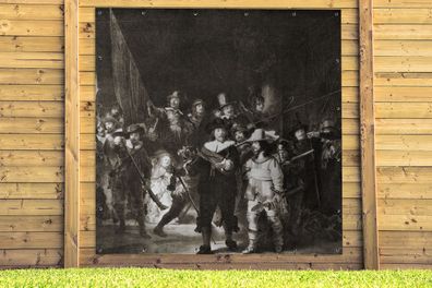 Gartenposter - 200x200 cm - Die Nachtwache in Schwarz und Weiß - Gemälde von Rembrand