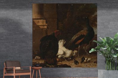Gartenposter - 200x200 cm - Eine Henne mit Pfauen und einem Truthahn - Melchior d'Hon