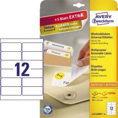 Avery Zweckform Etikett L4743REV-25 99,1x42,3mm weiß 300 St./Pack