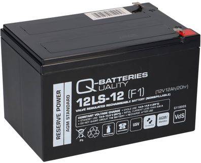 Q-Batteries 12LS-12 F1 12V 12Ah Blei-Vlies-Akku / AGM VRLA mit VdS