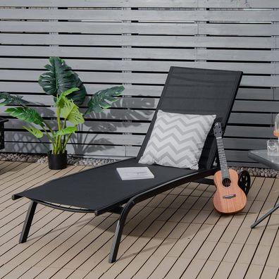 Sonnenliege Liegestuhl mit Rädern, Gartenliege mit Verstellbarer Rückenlehne Schwarz
