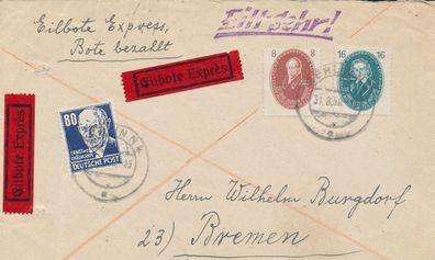 DDR Eilbote Brief 1950, echt gelaufen von Leipzig nach Bremen, siehe Bild.