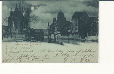 Mondscheinkarte, Gruß aus Nürnberg, gelaufen 1897 nach Nidda, siehe Bild. (58)