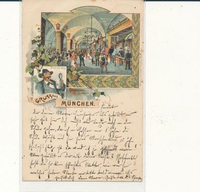 Lithographiekarte, Gruß aus München, gelaufen 1896 nach Siggen, siehe Bild. (48)