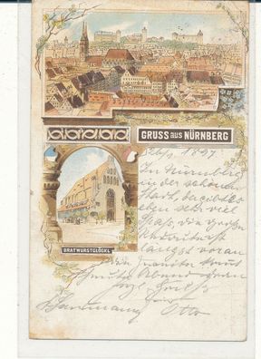 Lithokarte, Gruß aus Nürnberg, gelaufen 1897 nach Nidda, siehe Bild. (56)