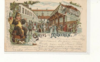 Lithographiekarte, Gruß aus München, gelaufen 1897 nach Nidda, siehe Bild. (46)