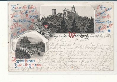 Lithokarte, Gruß v.d. Wartburg, gelaufen 1895 nach Nidda, siehe Bild. (26)
