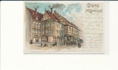 Lithographiekarte, Gruß aus München, gelaufen 1899 nach Nidda, siehe Bild. (50)